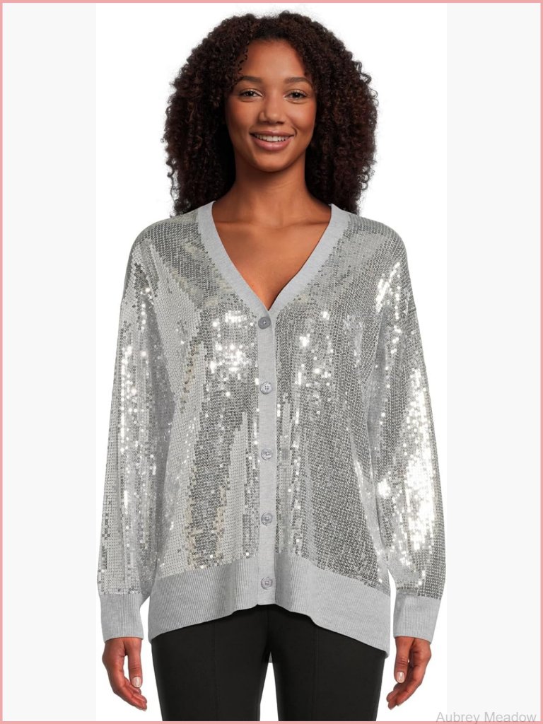 Cardigan With Sequins V-Neck Button Front Long Sleeve